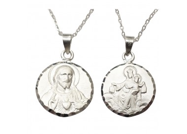 Medalla Escapulario Sagrado Corazon de Jesus y Virgen del Carmen - Plata de Ley 925 Incluye Cadena 45cm Y Estuche para Regalo