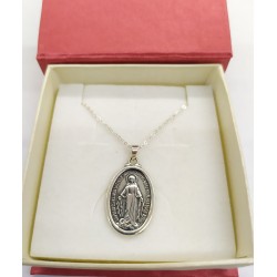 Medalla Colgante Virgen Milagrosa Inmaculada - Plata De Ley Envejecida Incluye Cadena De 45cm Y Estuche para Regalo